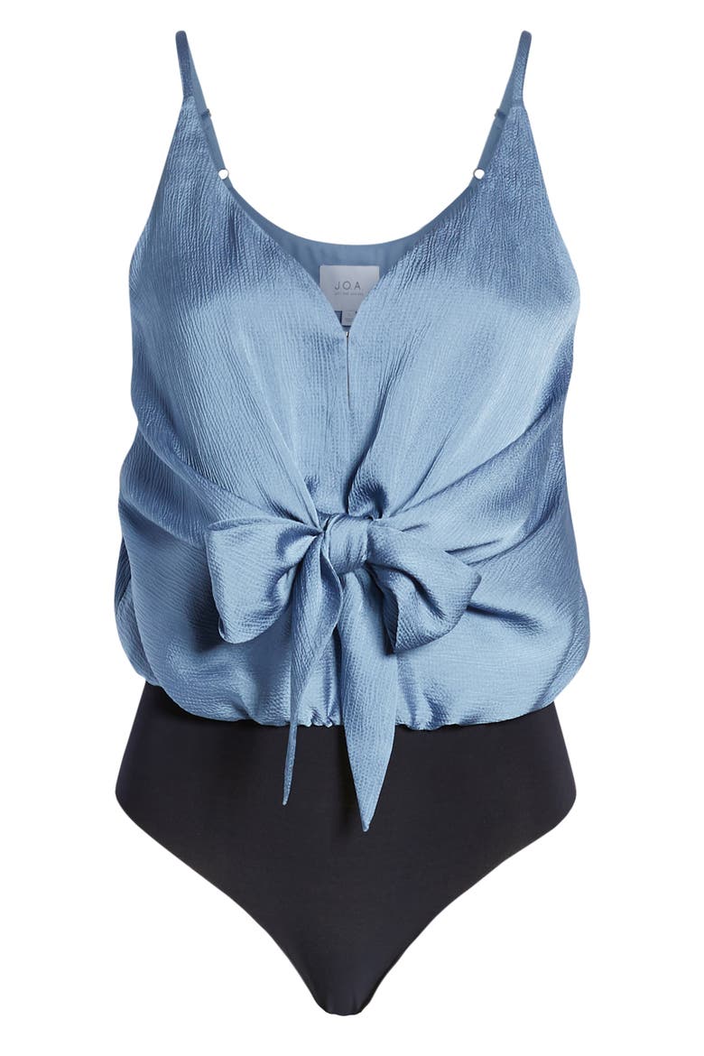 Tie Front Crepe Bodysuit, Alternate, color, DUSTY BLUE