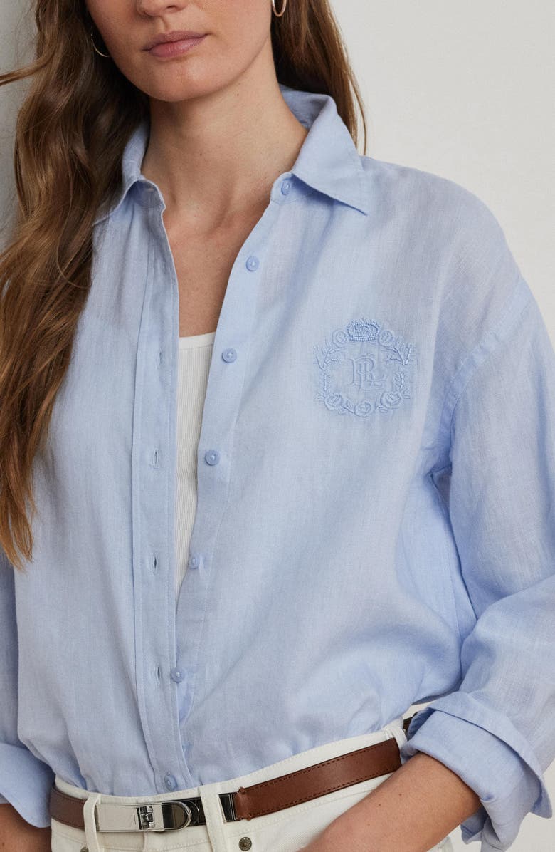 Lauren Ralph Lauren Embroidered Logo Linen Button-Up Shirt, Alternate, color,