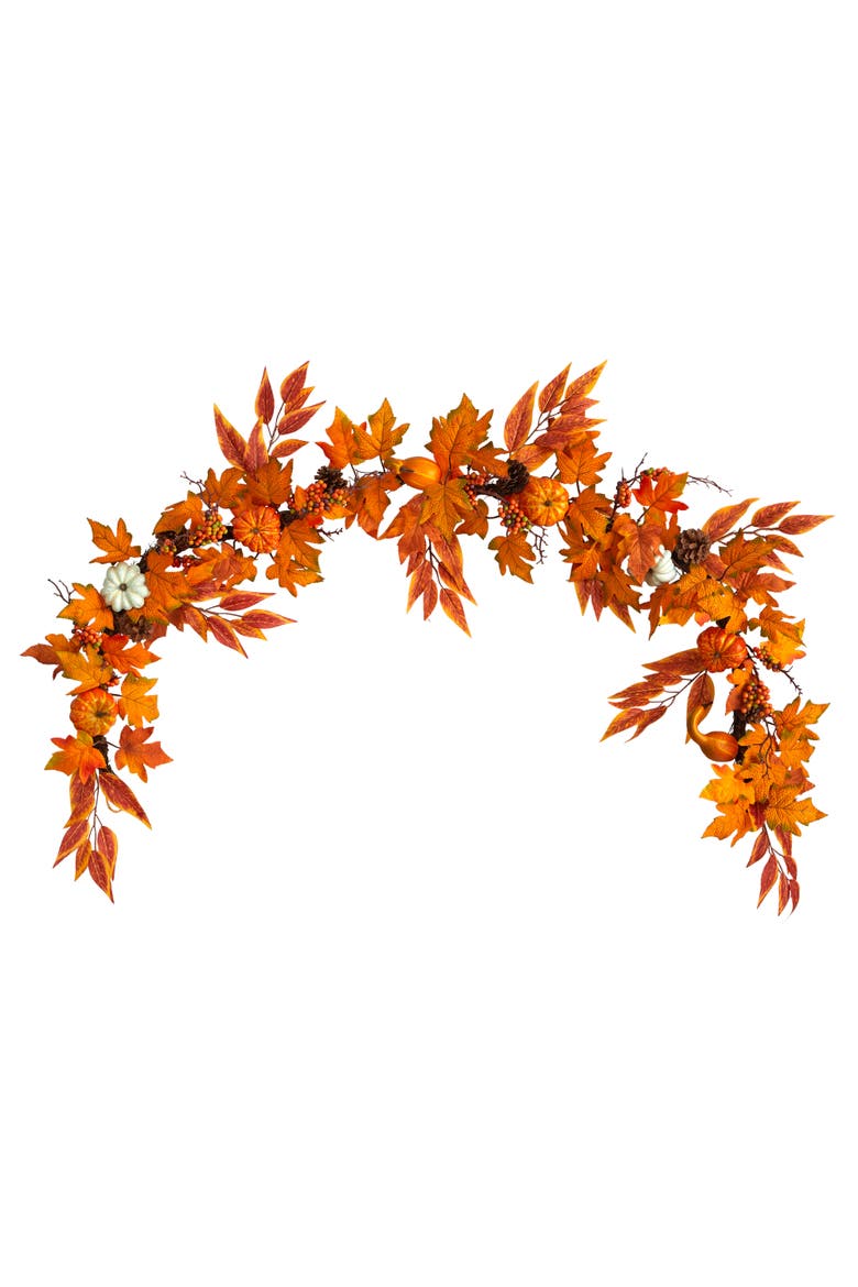 6-ft Assorted Autumn Maple Leaves, Pumpkins, Gourds, Berries and Pinecone Artificial Fall Garland, Main, color, Orange