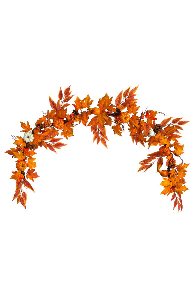NEARLY NATURAL 6-ft Assorted Autumn Maple Leaves, Pumpkins, Gourds, Berries and Pinecone Artificial Fall Garland, Main, color, Orange