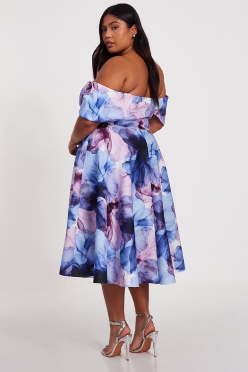 Quiz Plus Size Scuba Knit Floral Print Bardot Midi Skater Dress In Blue