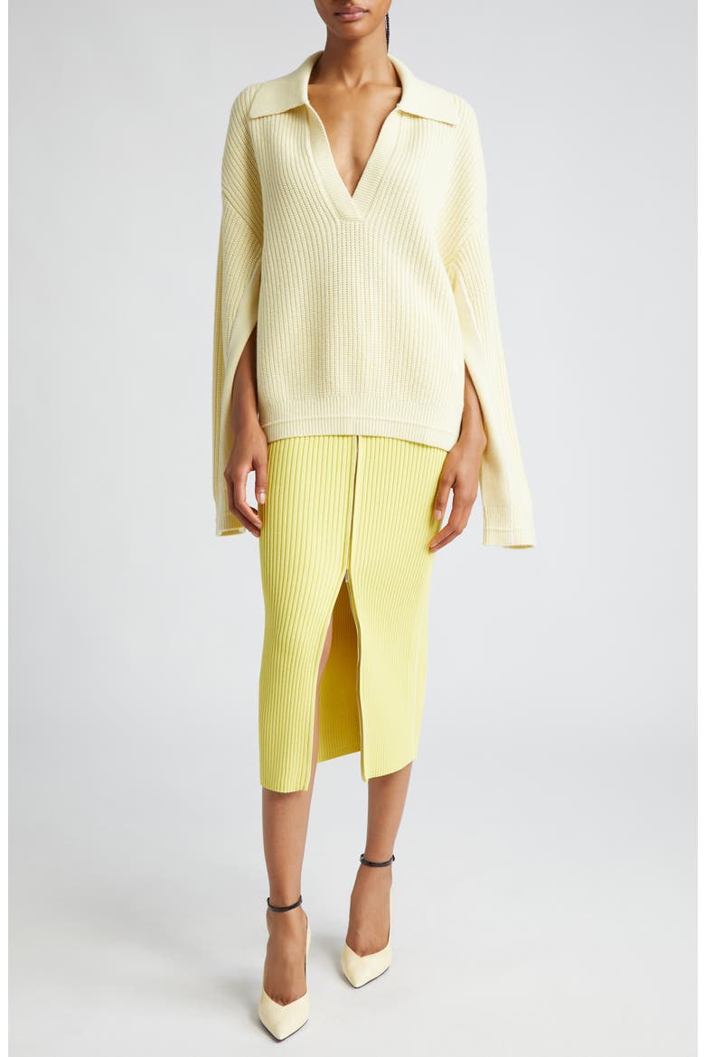 Split Sleeve Johnny Collar Recycled Cashmere & Organic Cotton Sweater, Alternate, color, LEMONADE