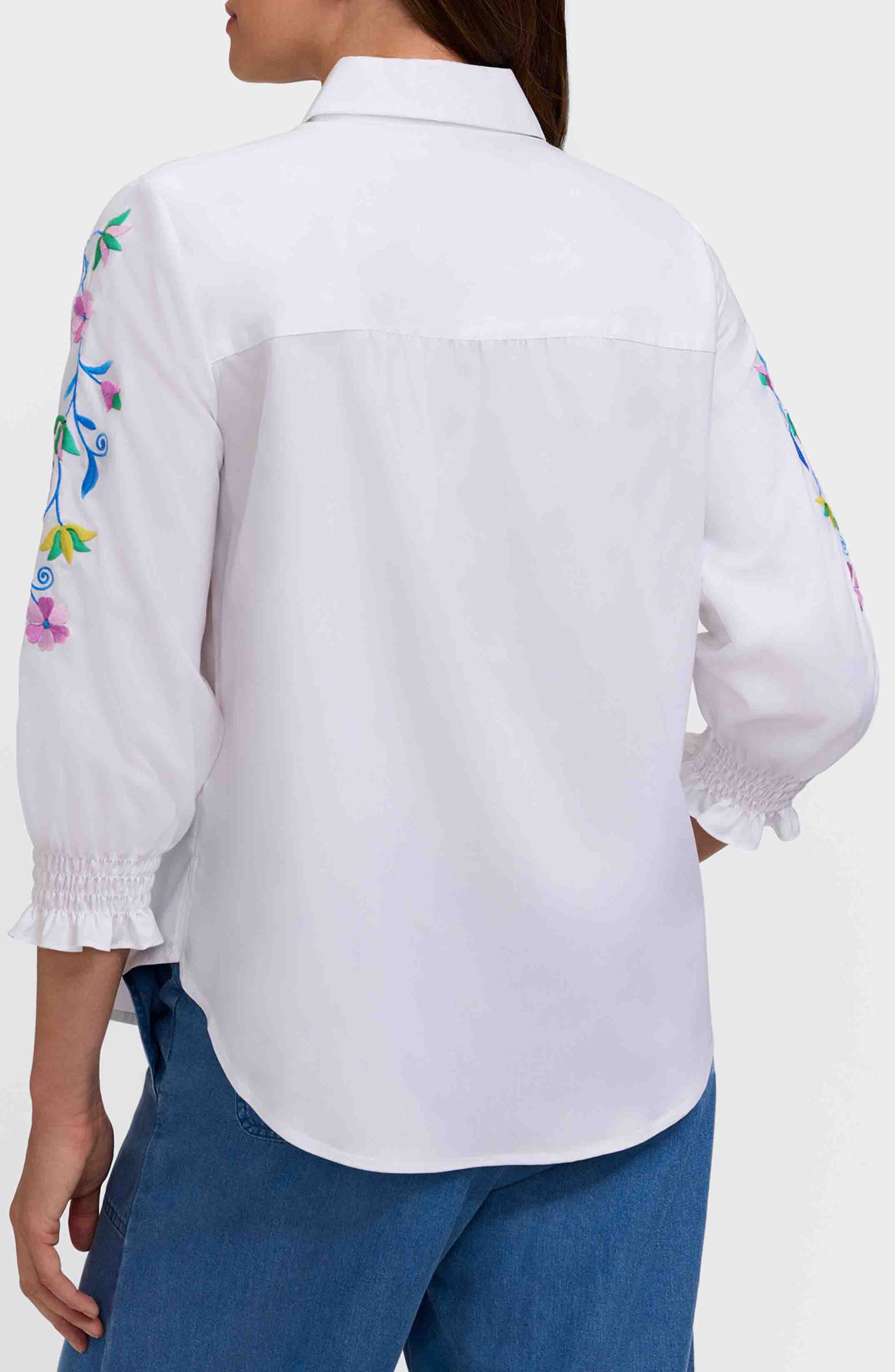 Olivia Embroidered Sleeve Stretch Cotton Blend Button-Up Shirt - image 2