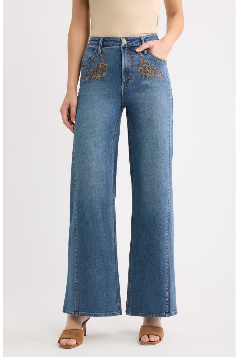 Stud Embroidered Wide Leg Jeans, Main, color, MEDIUM INDIGO