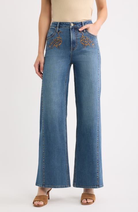Stud Embroidered Wide Leg Jeans
