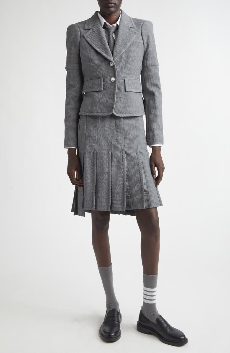 Thom Browne Crop Sculpted Shoulder Wool Seersucker Jacket, Alternate, color, Light Grey