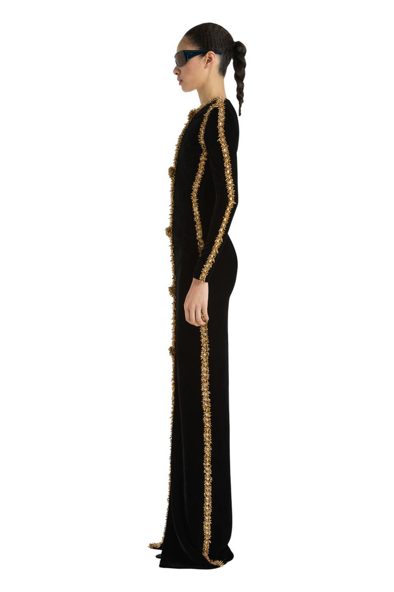 Long Velvet Dress with Embroidered Trim, Alternate, color, black