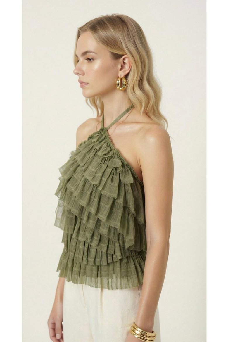 Ruffled Tiered Halter Top, Alternate, color, Sage Green