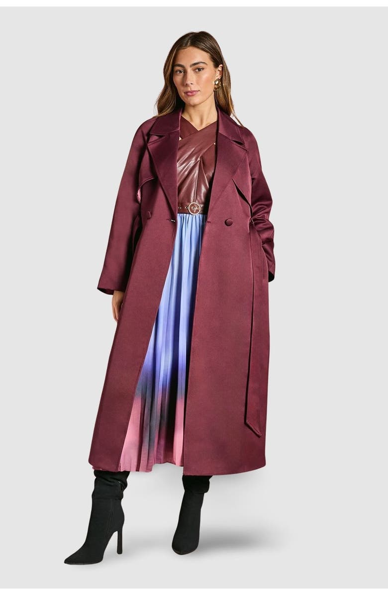 Coast Satin Occasion Belted Trench Coat, Main, color, Malbec