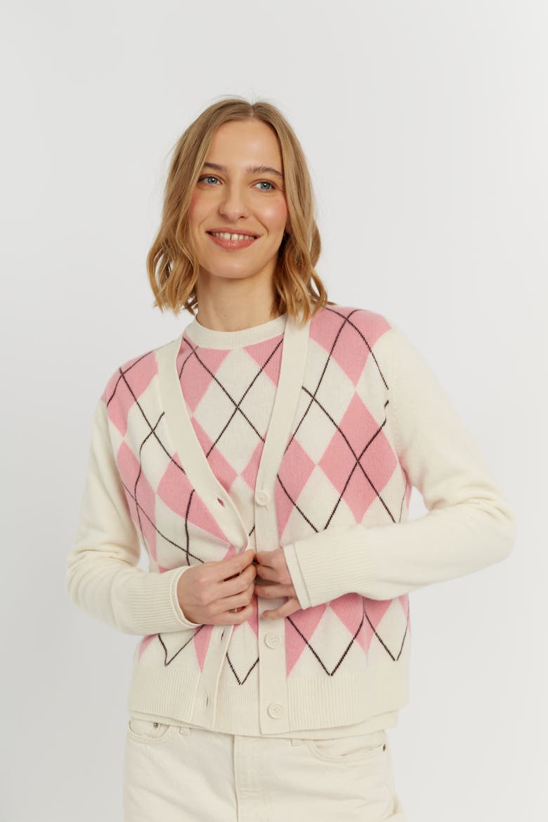 Wool-Cashmere Diamond Cardigan, Alternate, color, Salmon