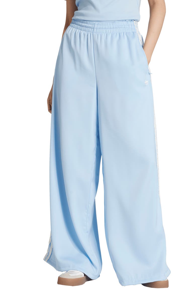 adidas Satin Ruffle 3-Stripes Wide Leg Track Pants, Main, color, Clear Sky