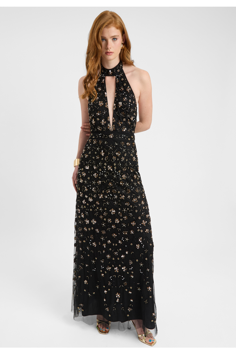 Embellished Sequin Beaded Maxi Dress With Choker-Style Collar, Alternate, color, BLACK