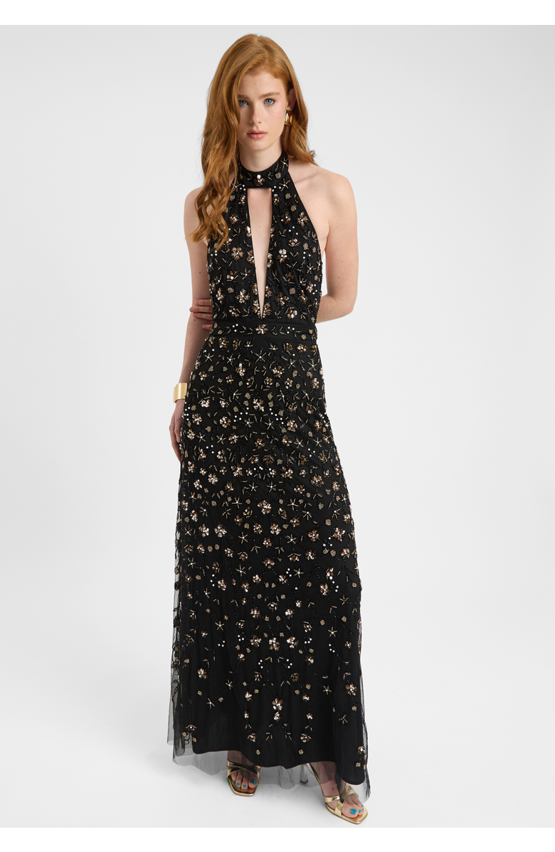 BEAUUT Embellished Sequin Beaded Maxi Dress With Choker-Style Collar, Alternate, color, Black