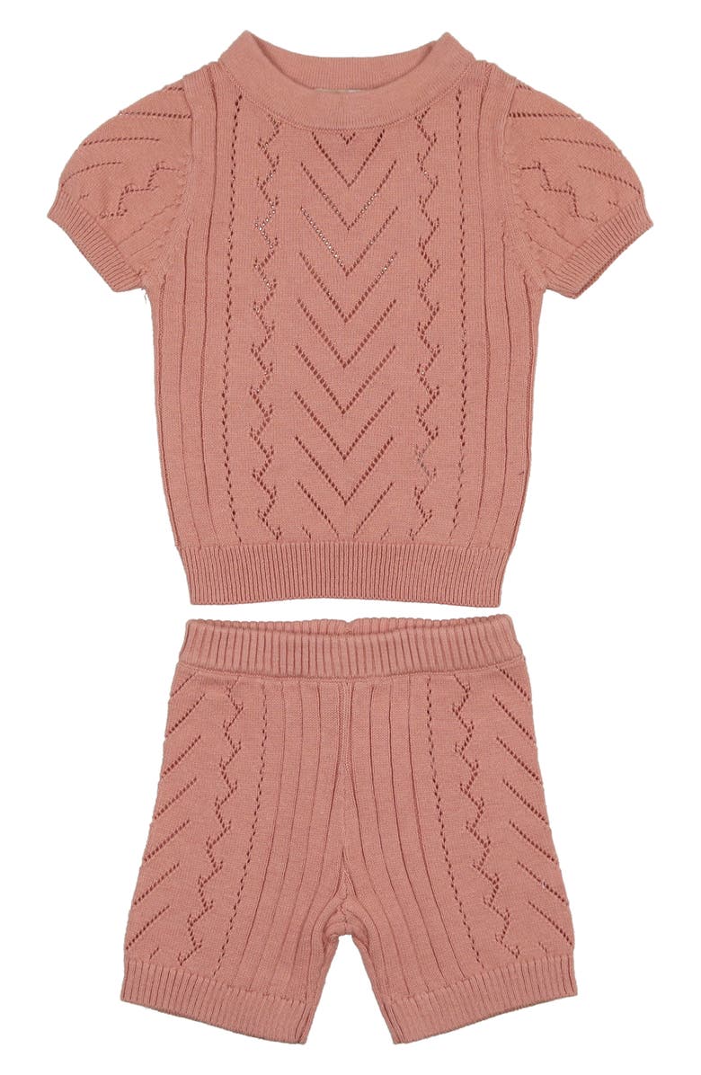 Manière Short Sleeve Pointelle Sweater & Shorts Set, Main, color, Salmon