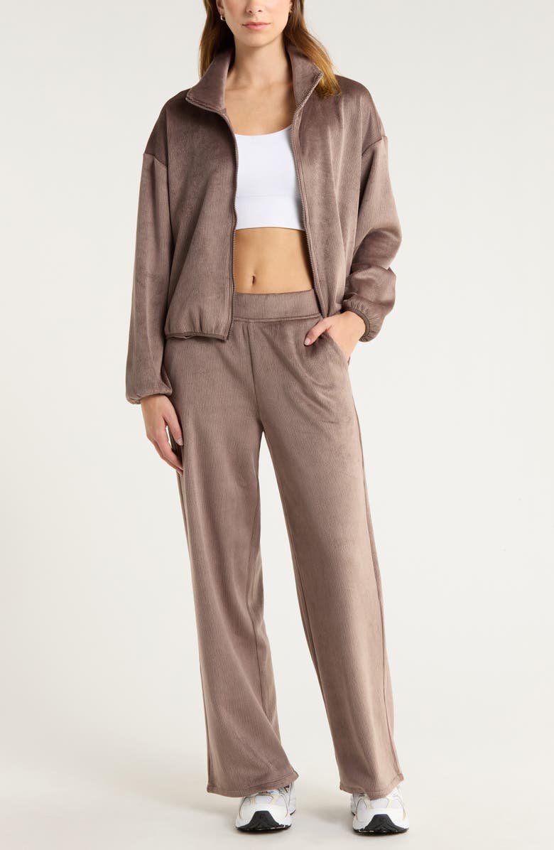 Zella Wide Leg Rib Velour Pants, Alternate, color, Brown Quartz