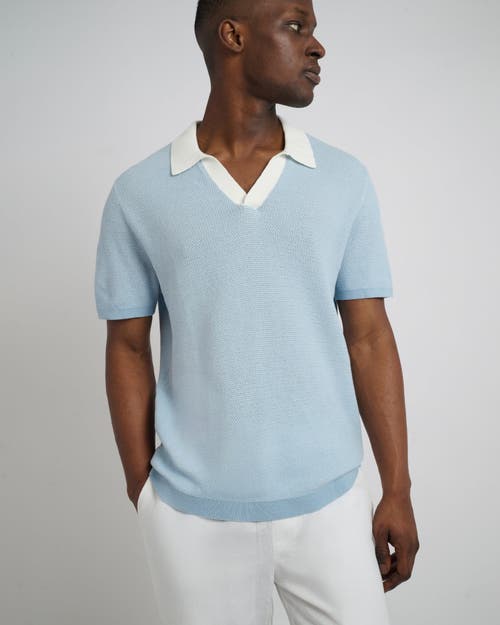 Onia Cotton Textured Johnny Collar Polo In Pale Blue/whte