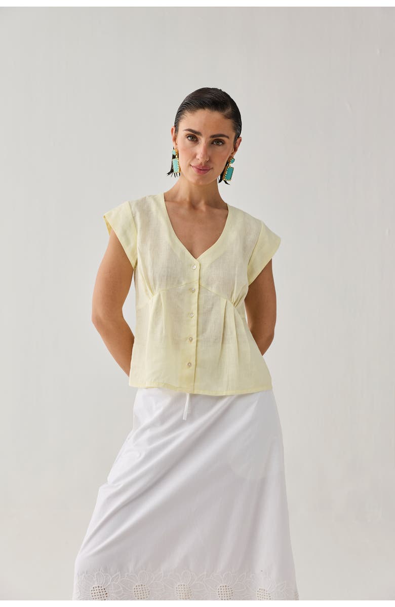 Reistor Embroidered Deep V-Neck Linen Top, Alternate, color, Butter Lemon