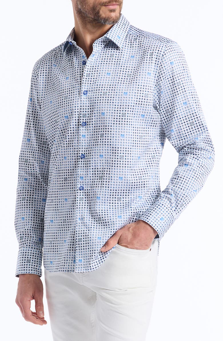 Robert Graham Brentwood Lattice Print Stretch Cotton Button-Up Shirt, Alternate, color, Light Blue