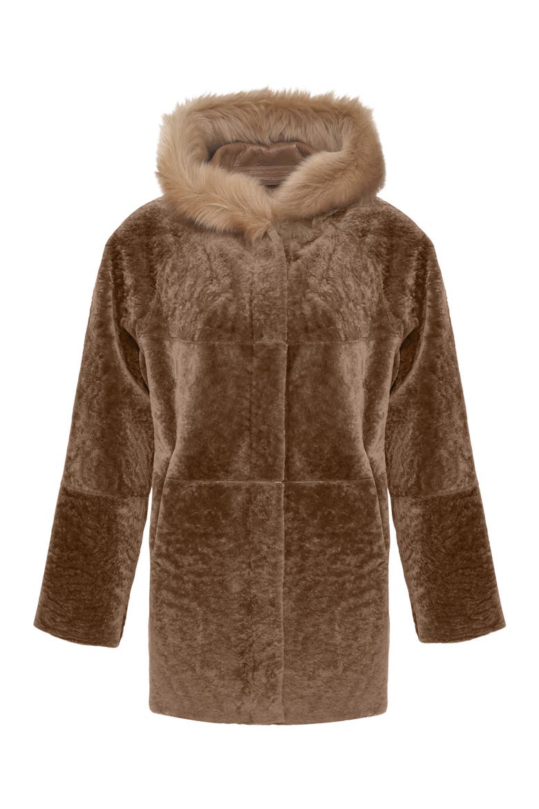 Reversible Textured Genuine Shearling Parka with Genuine Shearling Trim, Alternate, color, CAMEL/CAMEL