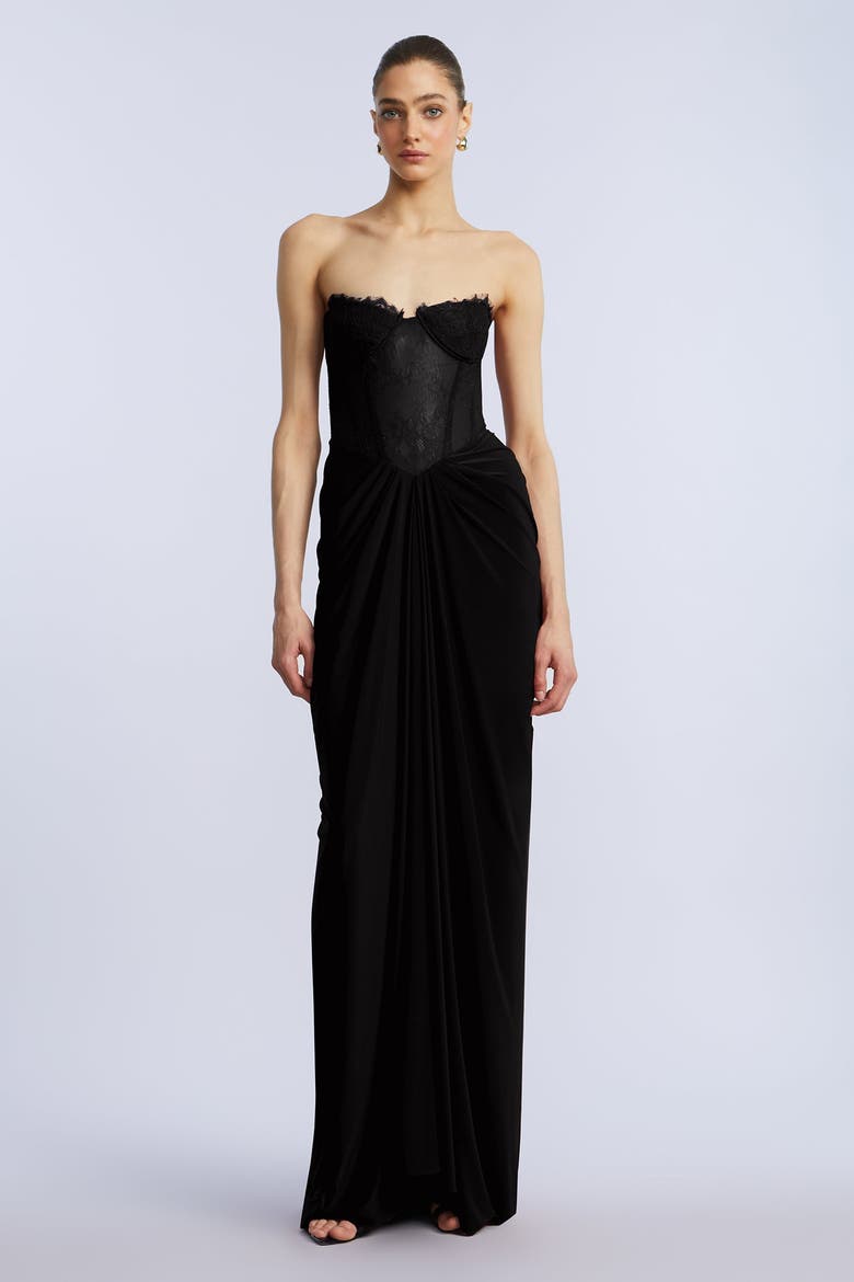 Lace & Jersey Gown, Main, color, Black