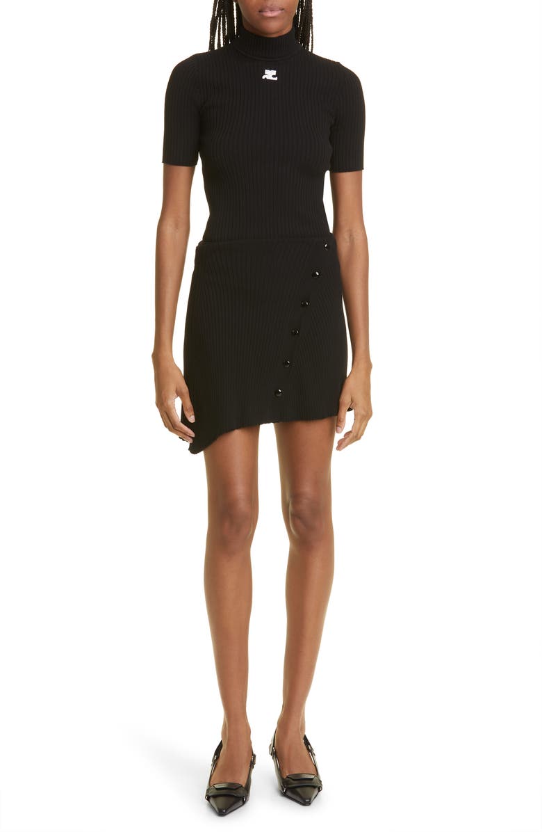 Courrèges Embroidered Logo Mock Neck Rib Sweater, Alternate, color, Black