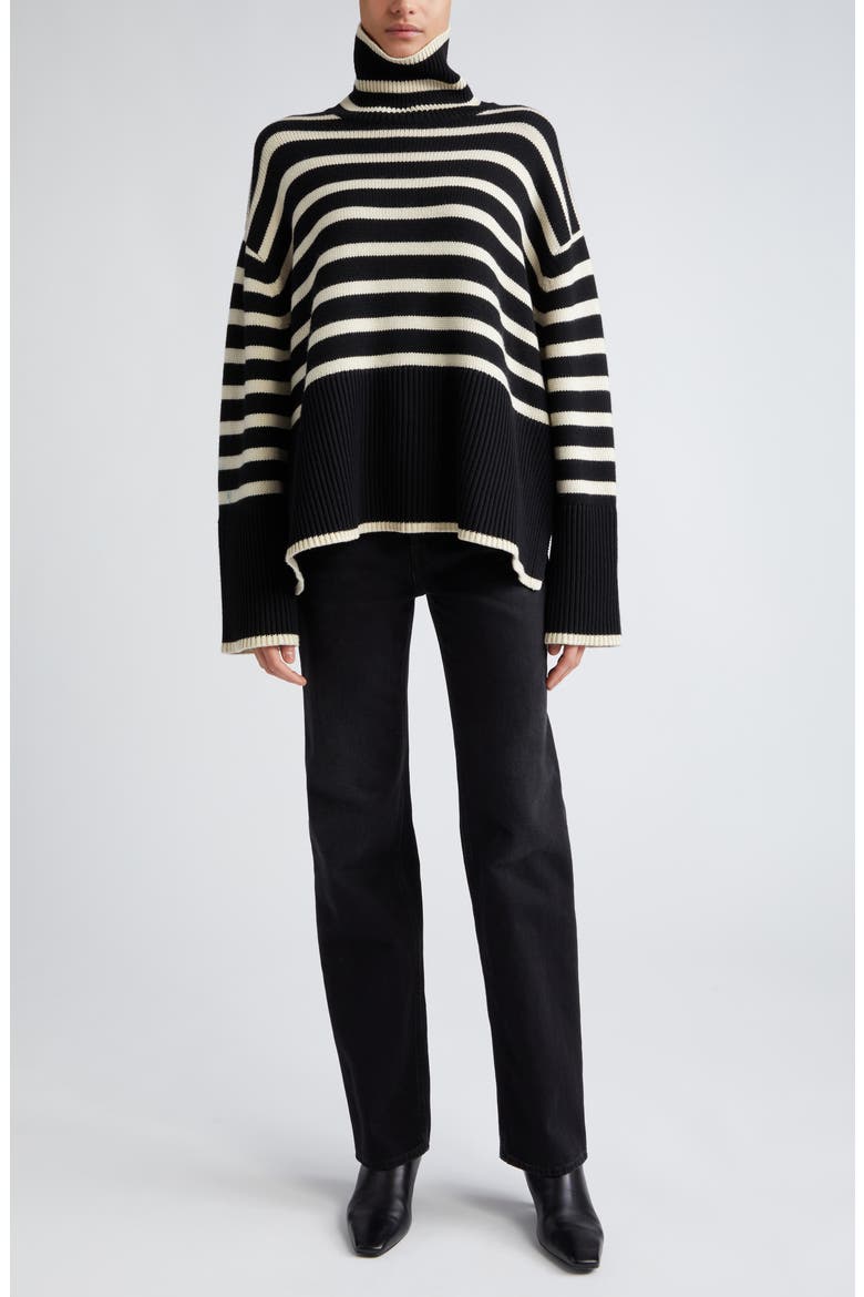 Totême Stripe Wool Blend Turtleneck Sweater, Alternate, color, BLACK STRIPE