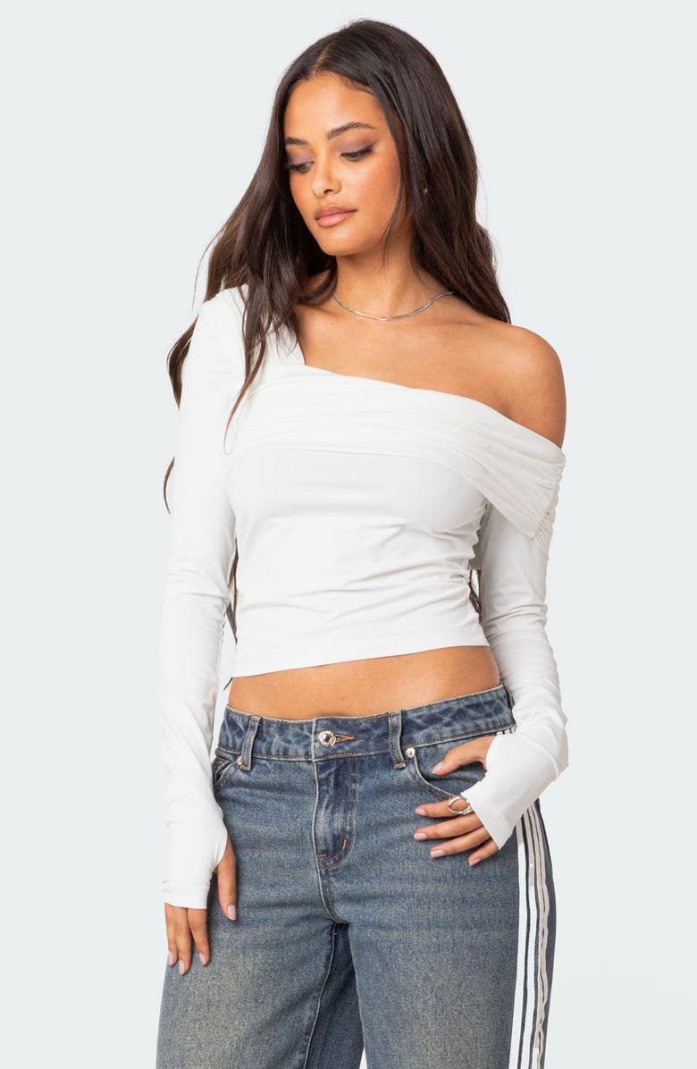 EDIKTED Asymmetric Neck Crop Top, Alternate, color, White