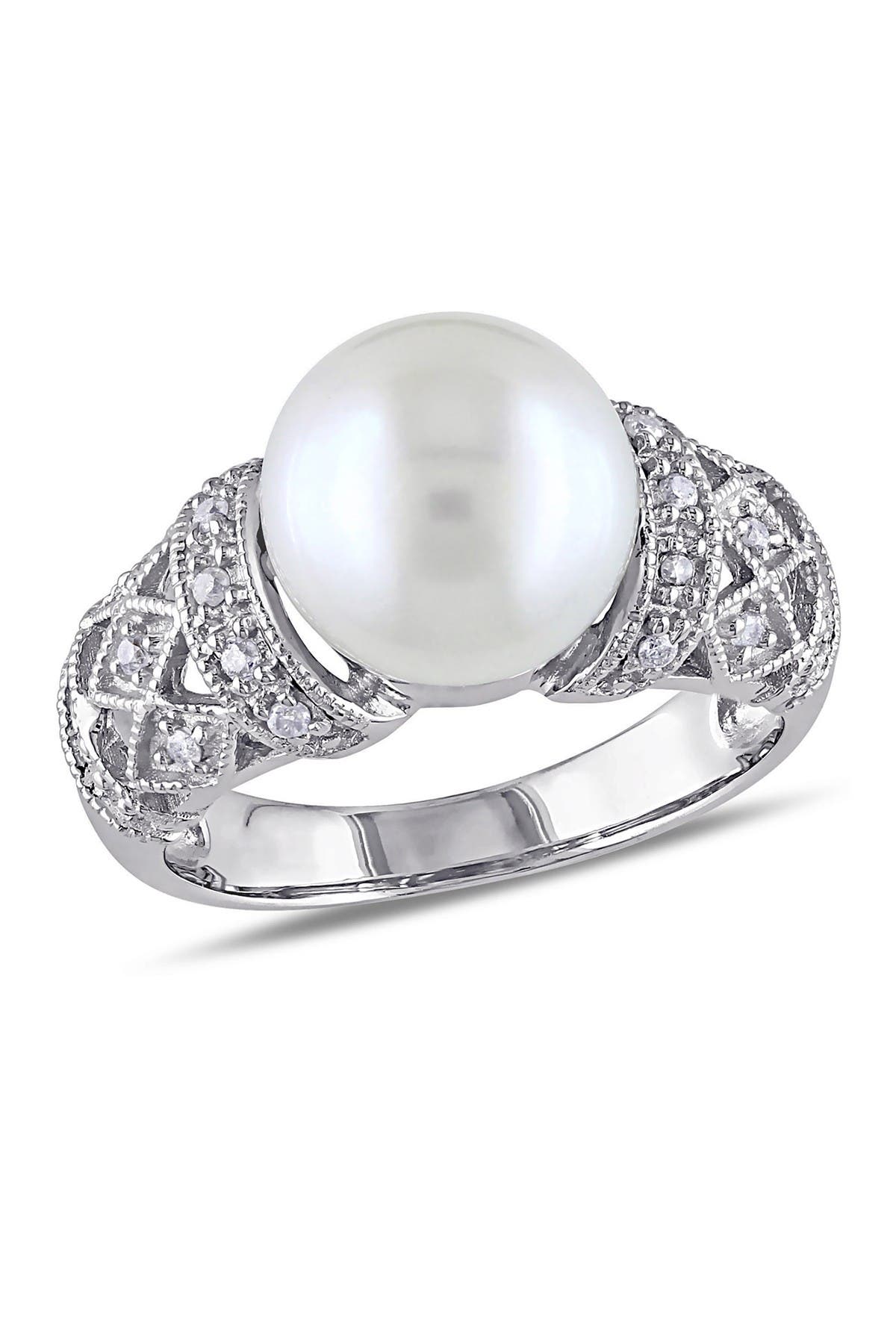 DELMAR Sterling Silver 9–9.5mm White Cultured Freshwater Pearl & Diamond Ring - 0.08ct.