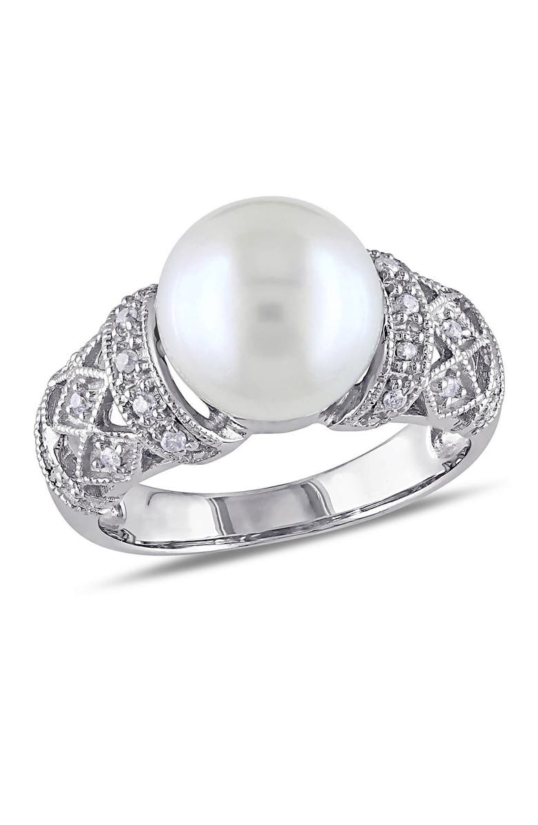 DELMAR Sterling Silver 9–9.5mm White Cultured Freshwater Pearl & Diamond Ring - 0.08ct., Main, color, White