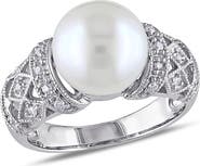 DELMAR Sterling Silver 9–9.5mm White Cultured Freshwater Pearl & Diamond Ring - 0.08ct.