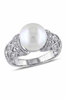 DELMAR Sterling Silver 9–9.5mm White Cultured Freshwater Pearl & Diamond Ring - 0.08ct.