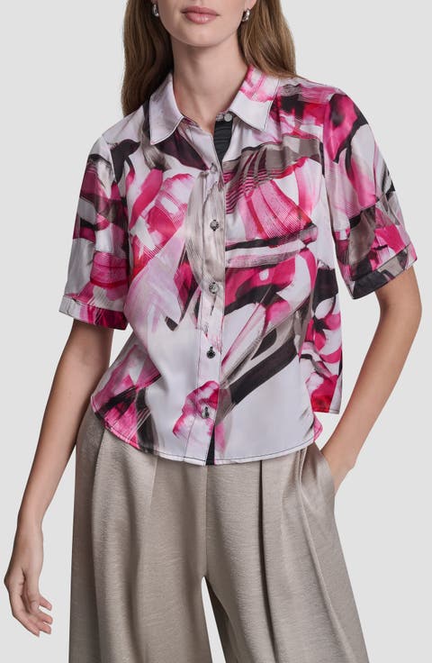 Lantern Sleeve Satin Button-Up Shirt