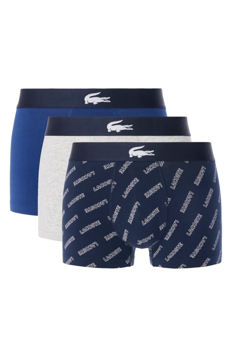 Lacoste Core Graphics Assorted 3-Pack Stretch Cotton Boxer Briefs, Main, color, Bck Navy Blue/ White-Silver