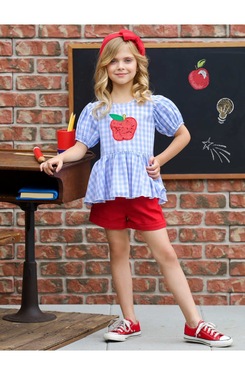 Mia Belle Girls Girls Sequin Apple Puff Sleeve Top & Red Short Set, Alternate, color, Blue