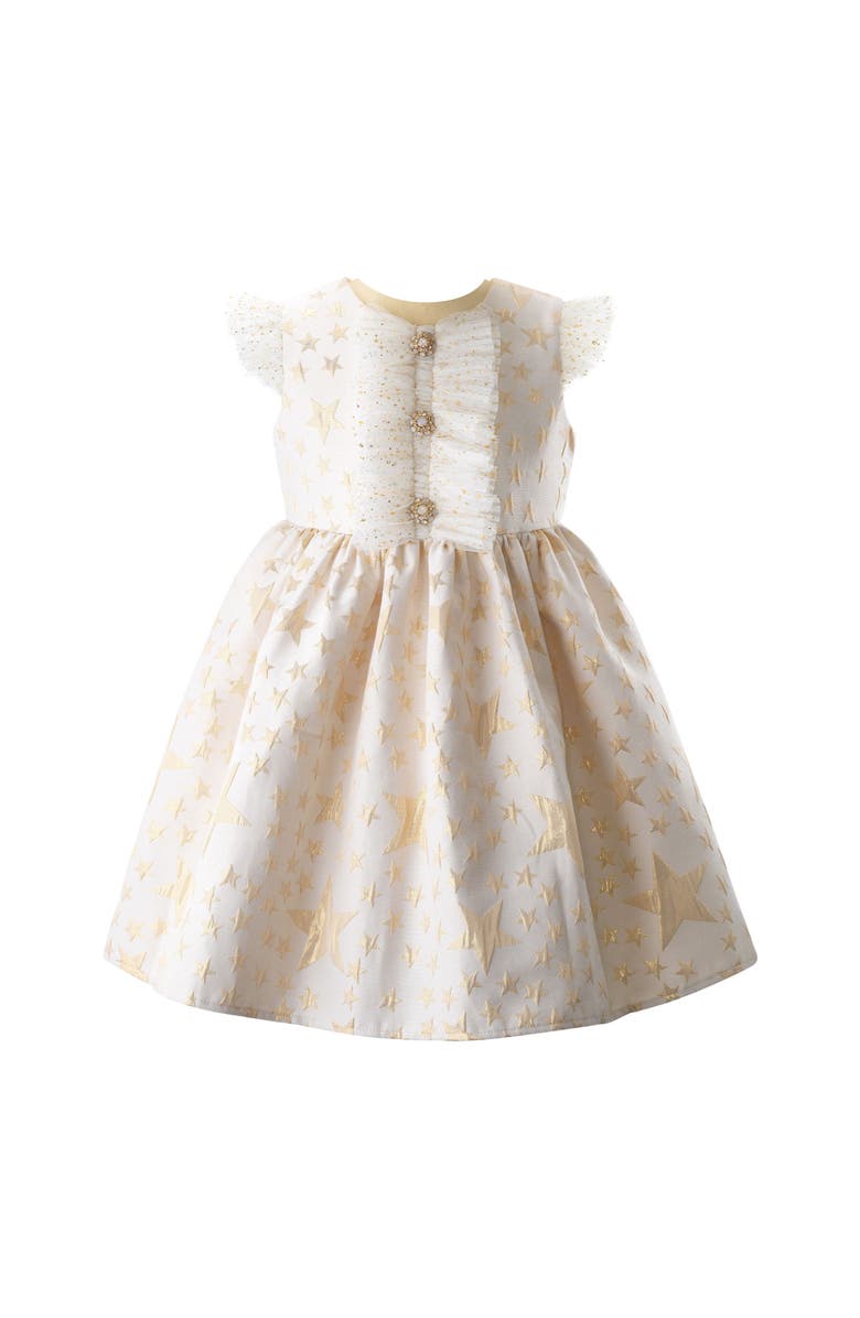 Rachel Riley Star Ruffle Damask Dress, Main, color, 