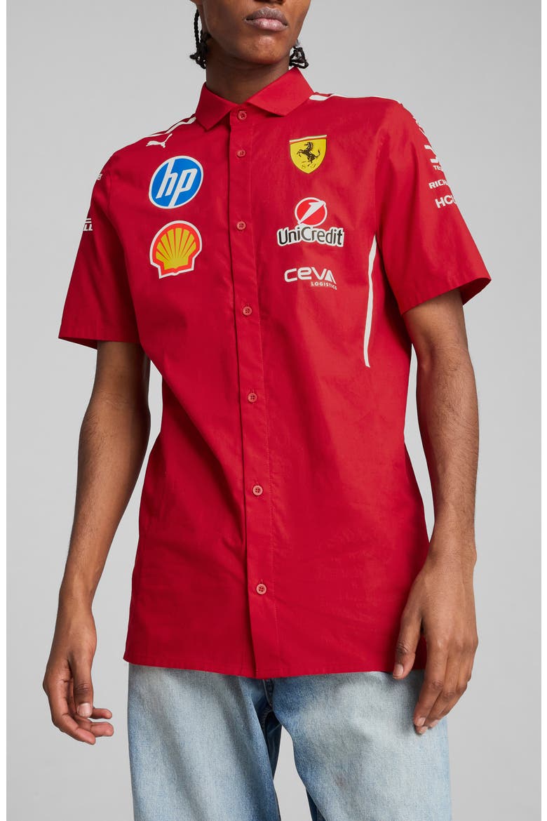 Scuderia Ferrari 2025 Team Short Sleeve Stretch Cotton Poplin Button-Up Shirt, Main, color, DARK CHERRY