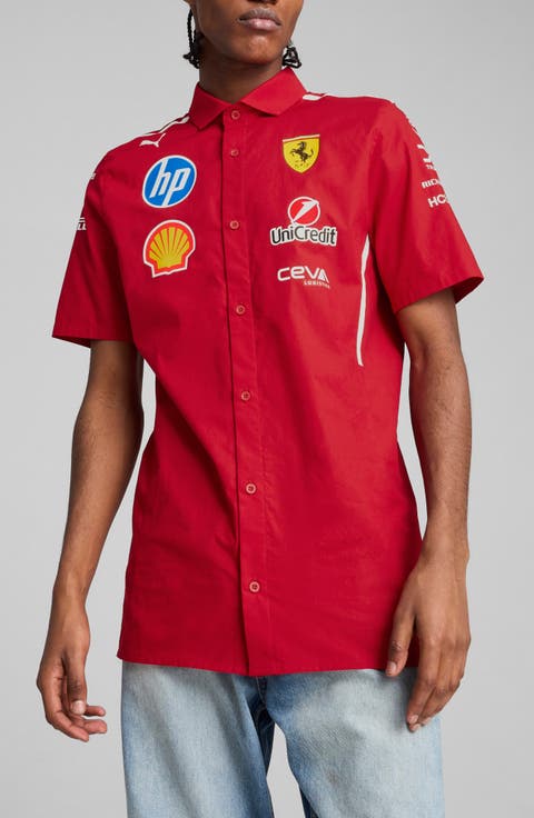 Scuderia Ferrari 2025 Team Short Sleeve Stretch Cotton Poplin Button-Up Shirt