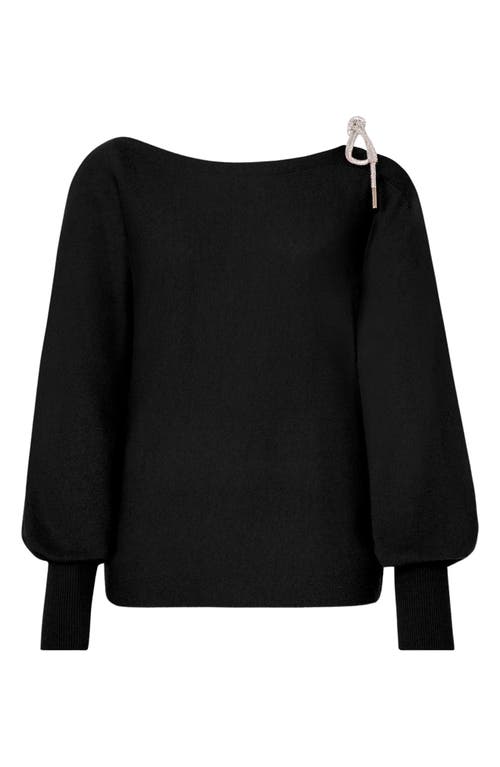 Milly Ida Crystal Bow Cold Shoulder Long Sleeve Sweater In Black