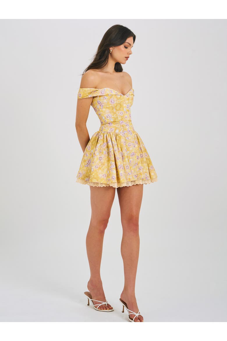 Oana Floral Print Linen Collared Off Shoulder Mini Dress, Alternate, color, Floral print