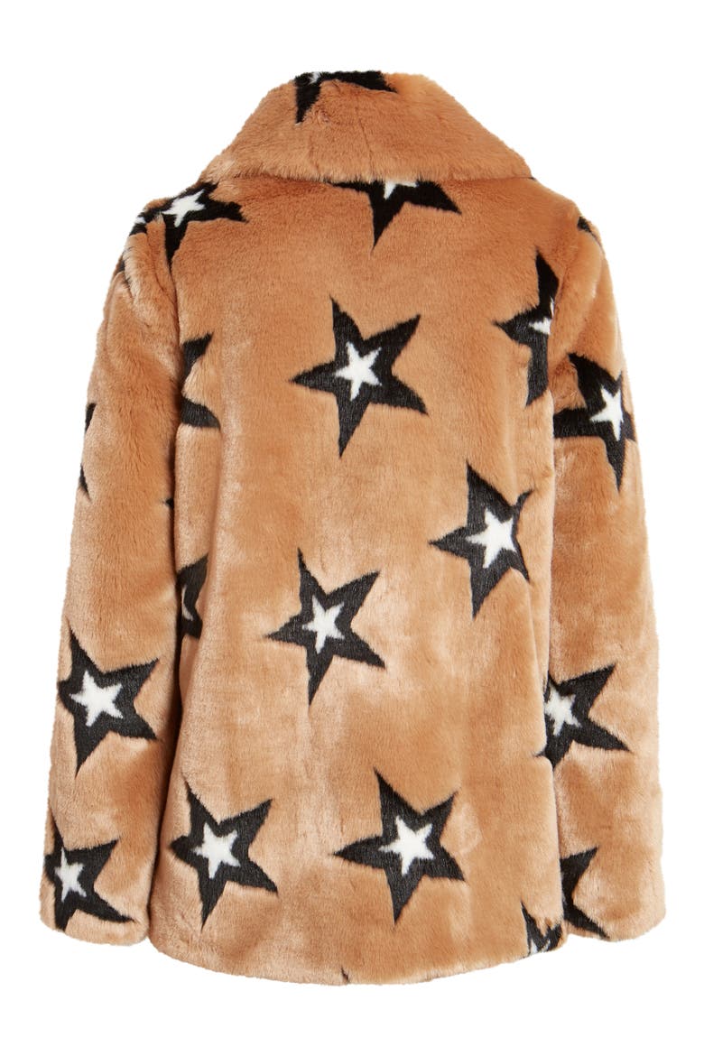 Star Print Faux Fur Swing Coat, Alternate, color, CAMEL/ BLACK STAR