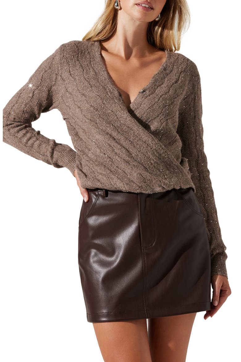 Metallic Sequin Surplice Cable Stitch Sweater, Main, color, FAWN
