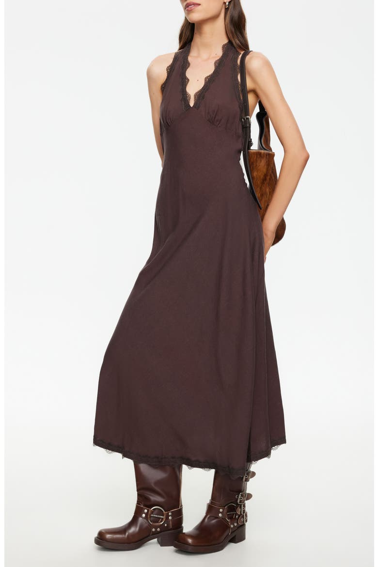 Stars Align Lace Trim Linen Blend Halter Midi Dress, Alternate, color, BROWN