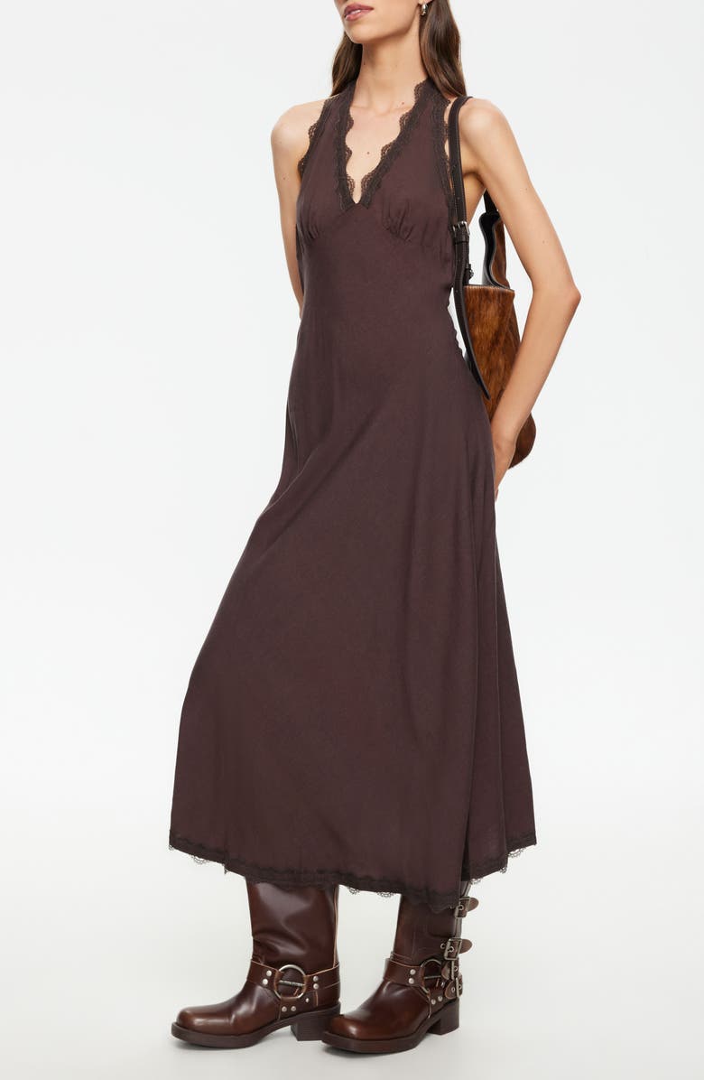 LIONESS Stars Align Lace Trim Linen Blend Halter Midi Dress, Alternate, color, Brown