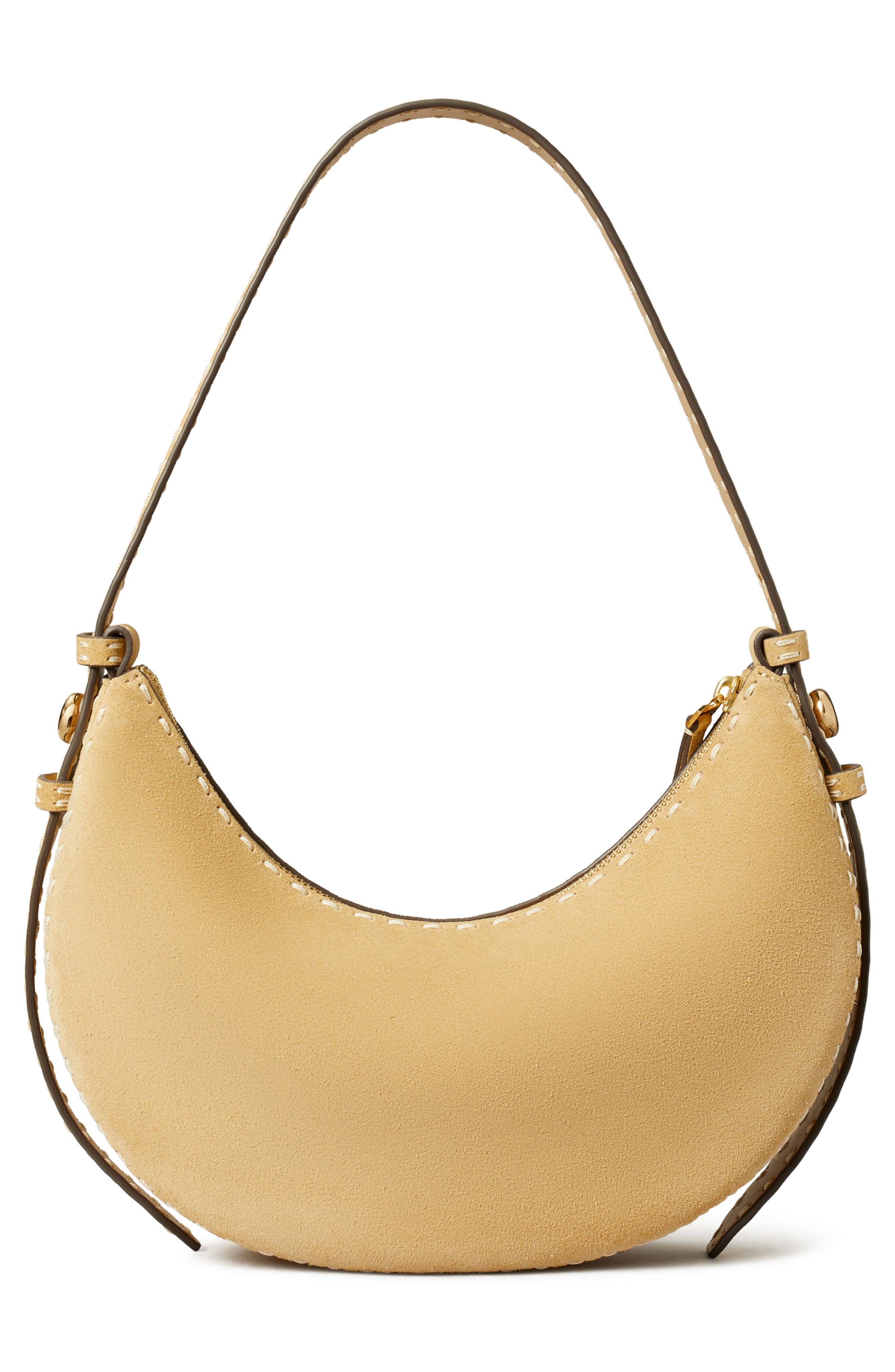 Tory Burch Romy Suede Half Moon Shoulder Bag, Alternate, color, Butter