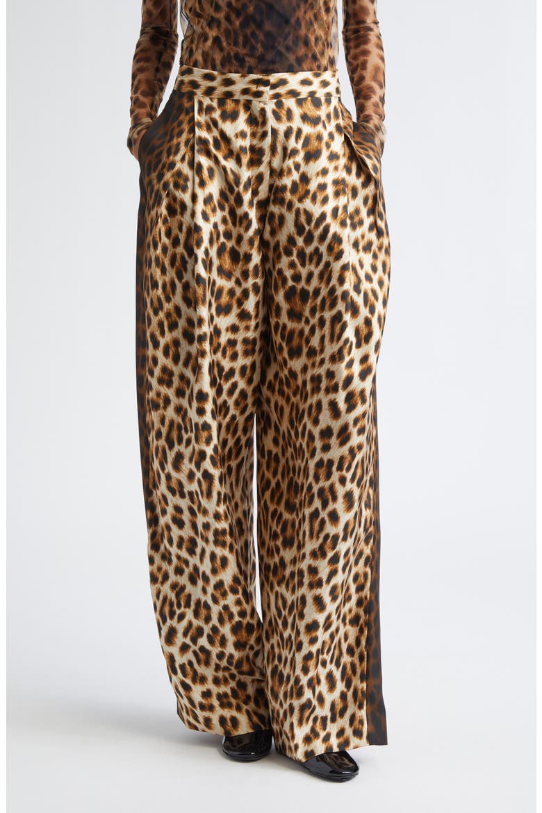 Oblo Leopard Print Silk Twill Wide Leg Pants, Main, color, CAMEL