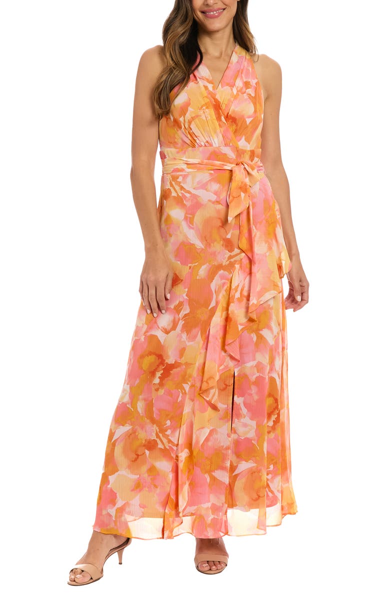 London Times Floral Ruffle Sleeveless Chiffon Maxi Dress, Main, color, Peach/ Yellow
