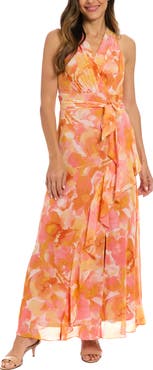 London Times Floral Ruffle Sleeveless Chiffon Maxi Dress