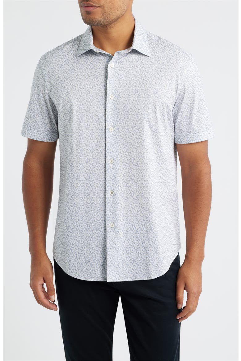 Miles OoohCotton® Leaf Print Short Sleeve Button-Up Shirt, Main, color, SAND