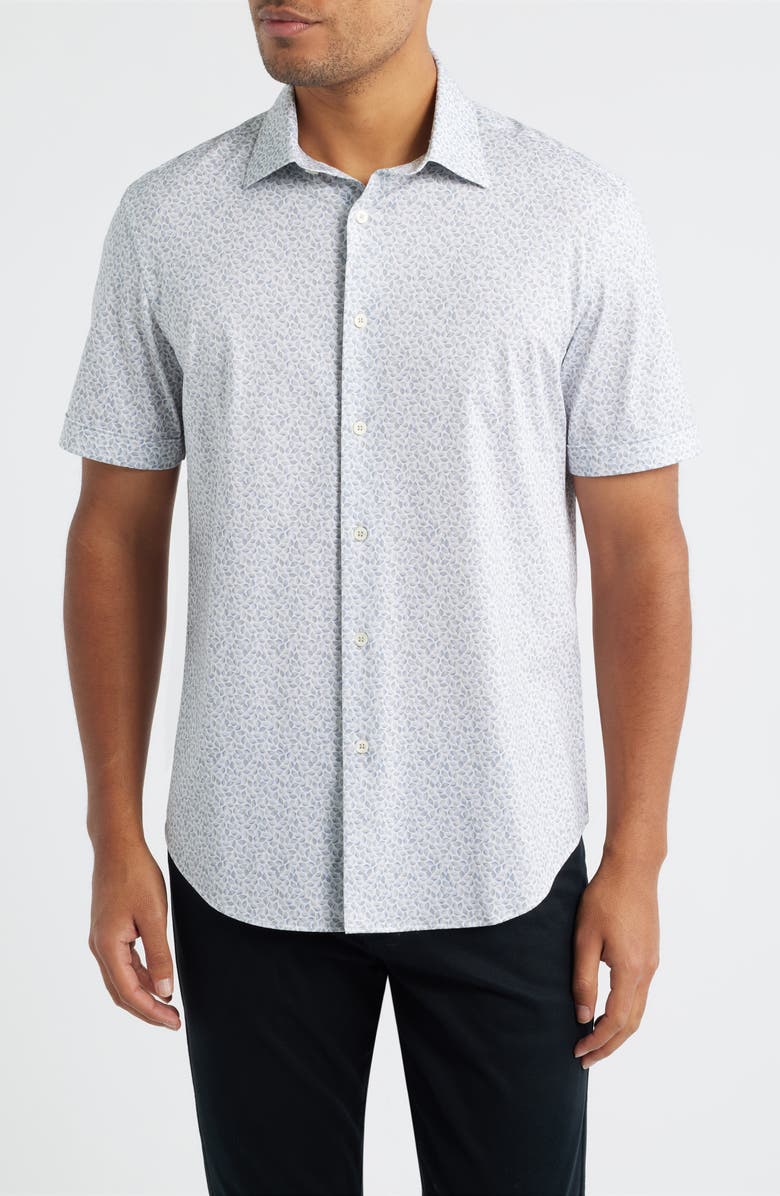 Bugatchi Miles OoohCotton<sup>®</sup> Leaf Print Short Sleeve Button-Up Shirt, Main, color, Sand