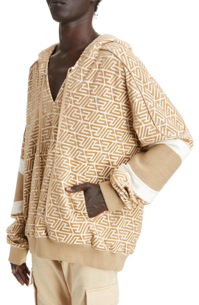 Balmain Pyramid Monogram Mixed Media Hoodie, Alternate, color, 